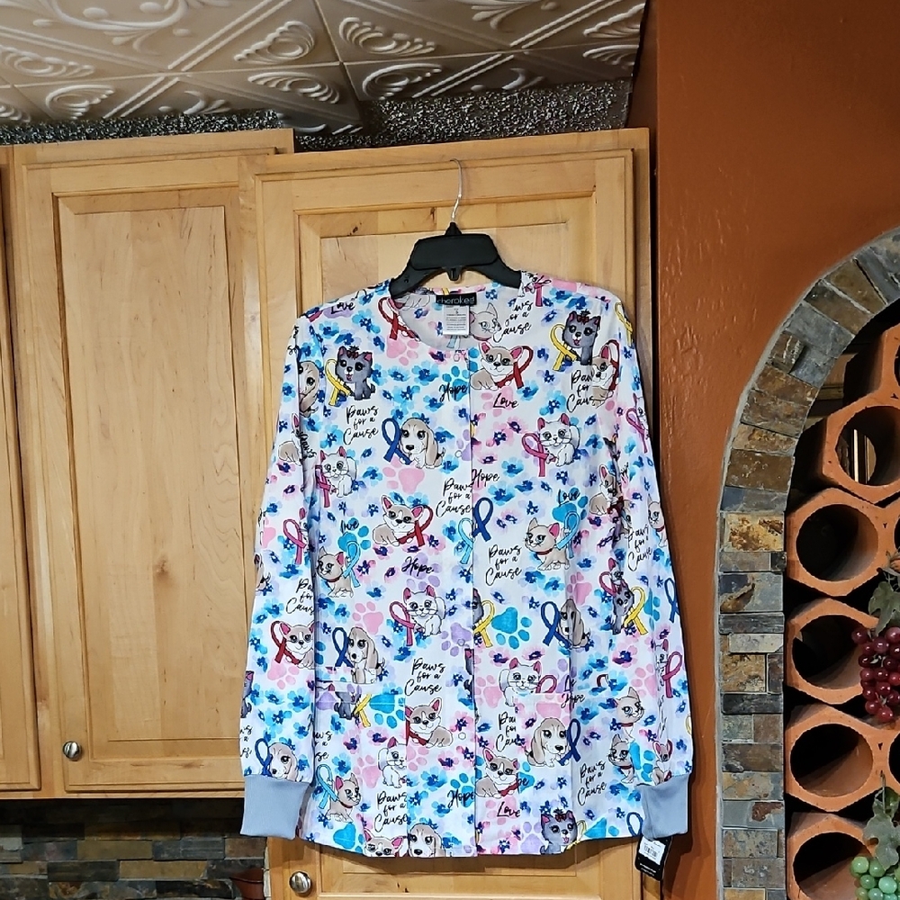 Cherokee Pink Blue Purple White Floral Dogs Long Sleeve Snap Up Scrub Jacket NWT